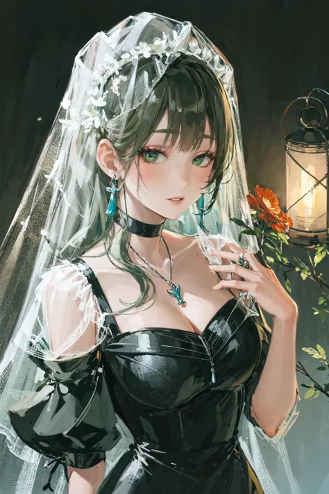 masterpiece, best quality, extremely detailed, detailed background, detailed face, blunt bangs, 1girl, solo, jewelry, bug, butterfly, flower, veil, lantern, dress, holding, looking at viewer, tassel, earrings, choker, hair ornament, necklace, green eyes, black dress, aqua hair, artist name, breasts, holding lantern, hand up, black background, tattoo, bare shoulders, orange flower