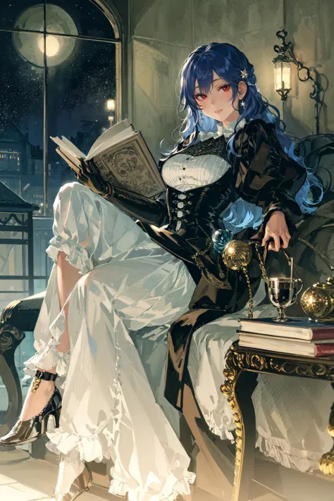 masterpiece, best quality, extremely detailed, detailed background, detailed face, 1girl, long hair, blue hair, solo, dress, book, full body, looking at viewer, holding, red eyes, gloves, jewelry, puffy sleeves, hair ornament, star (symbol), very long hair, smile