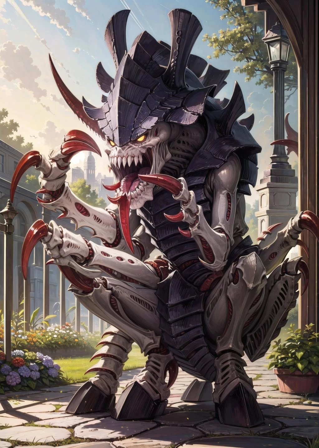 (1girl) (digital) (in detailed garden, (monster, sharp teeth, claws)) , best quality, <lora:boldline:0.2> <lora:hairdetailer:0.2> nids, <lora:nids:1>