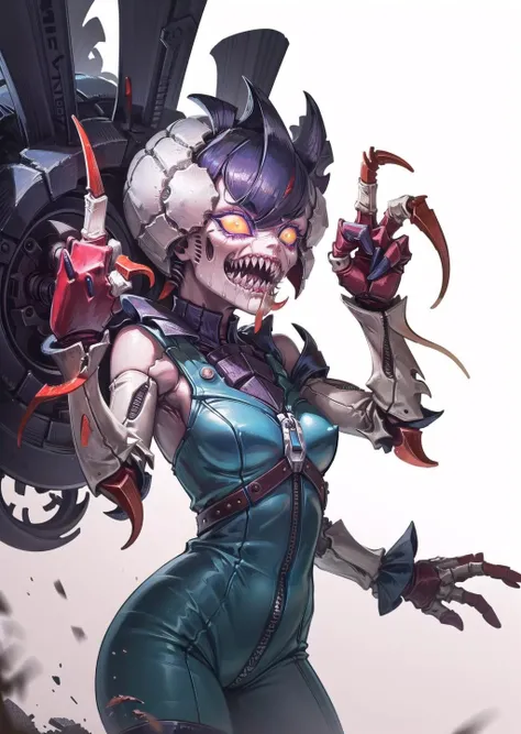 (1girl, blue hair short hair flipped hair, solid eyes, colored sclera,  <lyco:solidEyes_v70:0.9> eyes, <lora:brighter-eye1:0.6>, upset) (digital) (in detailed factory, (Rompers)) , best quality, <lora:boldline:0.2>  <lora:hairdetailer:0.2> alien, monster, sharp teeth, extra arms, nids, <lora:nids:1>