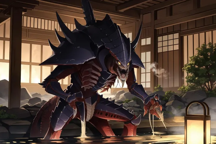 (masterpiece, best quality),  intricate details,
onsen, bathing, steam,  <lora:nids:0.8>(nids, alien, monster, sharp teeth,  carapace,:1.2)
