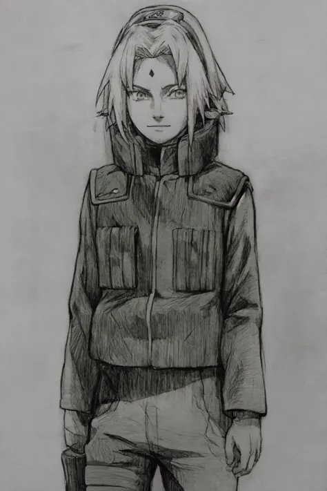sakura warshippuden, woman, masterpiece, best quality, absurdres, standing , pale skin, smile, sadism, frown, bandaged leg, black pants, green eyes, green vest, long sleeves, bangs, forehead protector, shinobi symbol, forehead mark, looking at viewer, <lora:sakura_shippuden:1>, <lora:DetailLora:1>, <lyco:BetterHands:1.0>, <lora:Drawing1:0.8>, (drawing, style by NTY:1.2)
