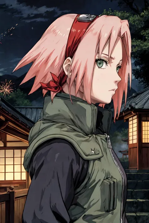 sakura shippuden, masterpiece, best quality, absurdres, solo, woman, badass, standing,  upper body,    looking at viewer,  from side,  red kimono, black obi, long sleeves,     short hair, bangs, green eyes, small breasts, konohagakure symbol, inexpressive,  stairs, japanese temple, mountain, forest, (night), star, hanabi, fireworks, stars,   <lora:DetailLora:0.8>, <lyco:BetterHands:1.0>  ,  <lora:sakura_shippuden:1>