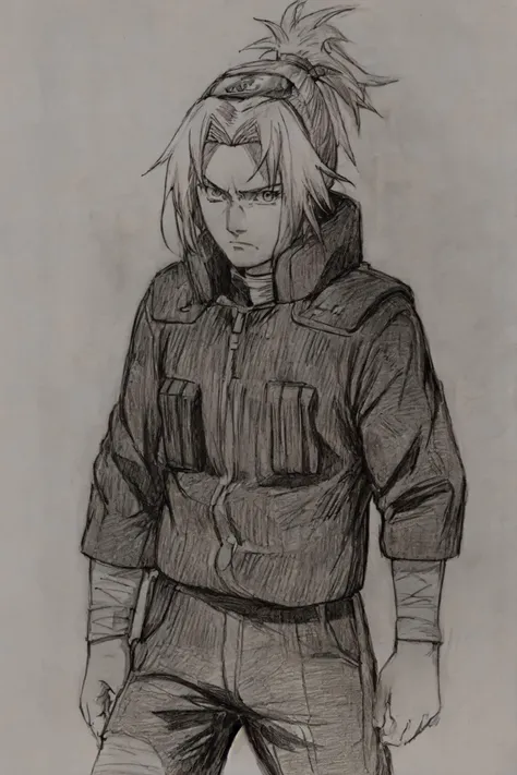 sakura warshippuden, woman, masterpiece, best quality, absurdres, standing , serious, badass, bandaged leg, black pants, green vest, long sleeves, ponytail, forehead protector, shinobi symbol, looking at viewer, upper body, <lora:sakura_shippuden:1>, <lora:DetailLora:1>, <lyco:BetterHands:1.0>, <lora:Drawing1:0.8>, (drawing, style by NTY:1.2)