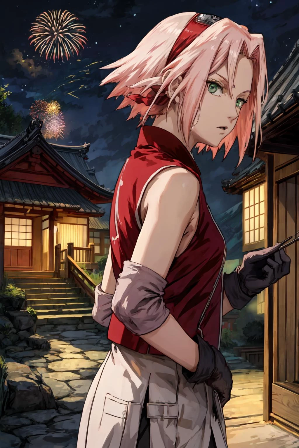 sakura shippuden, masterpiece, best quality, absurdres, solo, woman, badass, standing, upper body, looking at viewer, from side, red jacket, toeless footwear, bandaged leg, skirt, black short, black gloves, sleeveless, short hair, bangs, green eyes, small breasts, konohagakure symbol, inexpressive, stairs, japanese temple, mountain, forest, (night), star, hanabi, fireworks, stars, <lora:DetailLora:0.8>, <lyco:BetterHands:1.0> , <lora:sakura_shippuden:1>