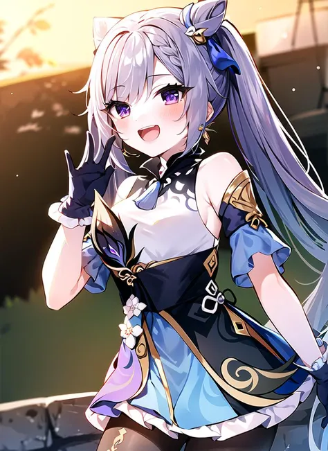 1girl, keqing (genshin impact),
<lora:keqingGenshinImpact3in1_v10:1.1:MIDD>
cat pose, smile, open mouth, happy face, cute, kawaii, blush, shy,
pantyhose, hair bun, purple hair, gloves, ((twintails)), long hair, purple eyes, diamond-shaped pupils, bare shoulders, hair ornament, black pantyhose, cone hair bun, detached sleeves,dress, jewelry, medium breasts, earrings, bangs, frills, purple dress, black gloves, braid, skirt,