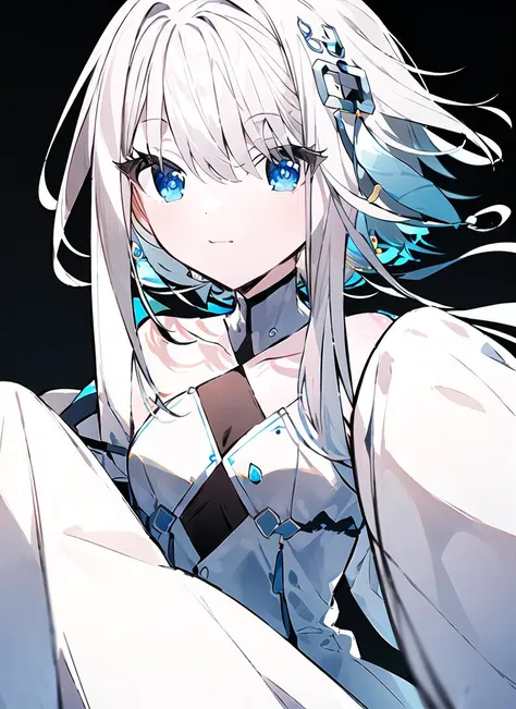 1girl, looking at viewer, <lora:guizhongGenshinImpact_guizhongv1:1.2:MIDD>, hair_ornament, dress, bangs, bare_shoulders, blue_eyes, gradient, oversized sleeves, puffy sleeves, (white sleeves:1.5), white shirt, white dress, silver hair, white hair, chest, elegance, elegant look, intimate, delicate, (smile:0.7)
blurry background, bokeh, blurry, bloom, <lora:liangXingStyleLora_v10:-0.4>