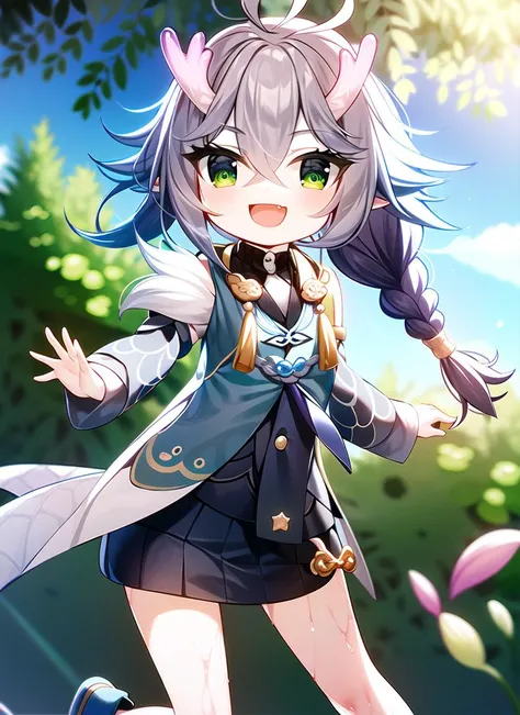 small girl, dancing, dynamic pose, dynamic angle
happy, looking at viewer, closeup, jump,
bailu \(Honkai Star Rail\), woolen skirt, solo, smile, purple hair, plaits, open mouth, long hair, green eyes, dragon horns, detached sleeves, cute, clothes, braids, yellow tassels, blue and white clothes, black skirt, bare legs, water, detail, short boots, masterpiece, best quality, <lora:bailuHonkaiStarRail_v10:1.1:MIDD>
in the garden, nature, trees, forest, sunshine
<lora:animeStyleLoraWith_bfcsimplifierTest:-0.3>