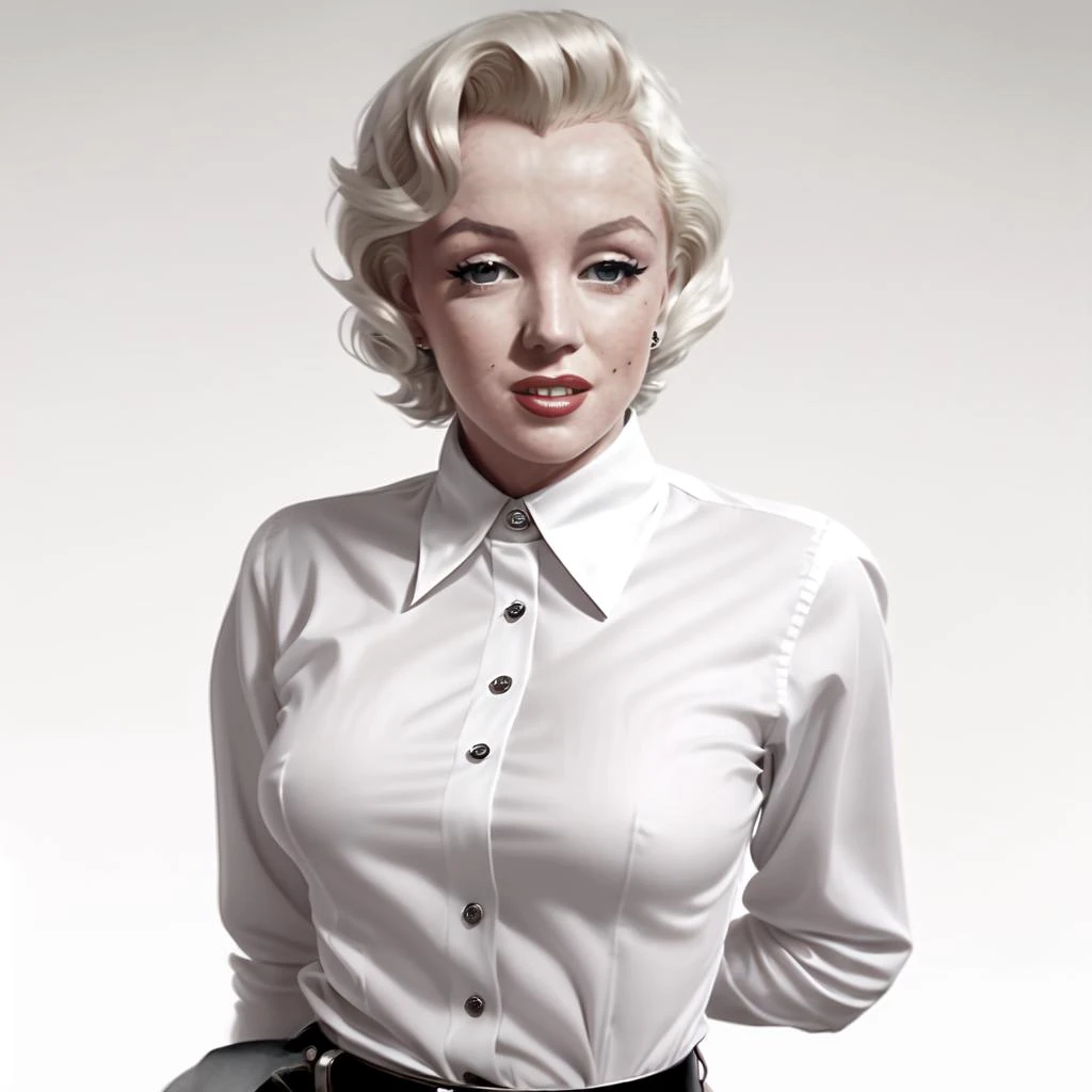 <lora:collaredShirt:0.8> marylin monroe wearing a collared shirt