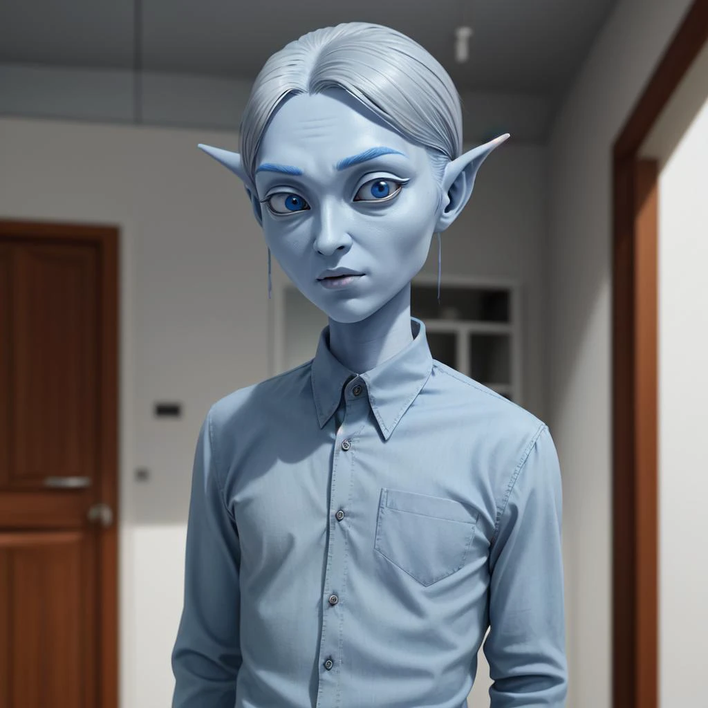 <lora:collaredShirt:0.8> a gray alien wearing a blue collared shirt