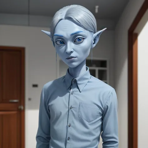 <lora:collaredShirt:0.8> a gray alien wearing a blue collared shirt