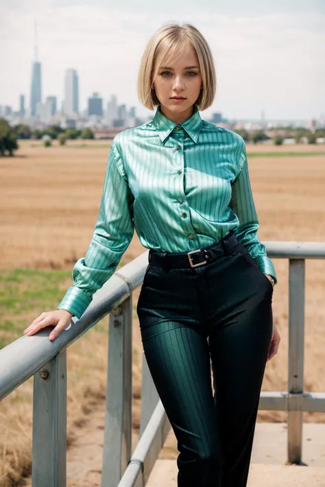 beautiful photograph of a smart looking 1girl, solo, wearing a royal green, satin collared shirt very detailed fine silk fabric emphasis, perfectly defined button detailing, black pants with a belt, diamond stud earrings, long sleek blonde hair, brown eyes, freckles, serious expression, slender figure, standing against a country skyline at midday, cowboy shot, full body shot, photographed on a Fujifilm XT3, 80mm F/1.7 prime lens, cinematic film still, cinestill 500T, highly detailed, masterpiece, highest quality, intricately detailed, HDR, 8k, uhd, photorealistic, gigantic droopy tits