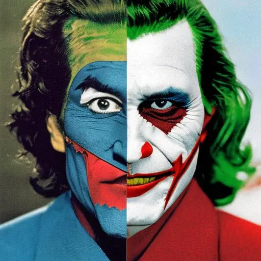 collage style:0.8, half joker half batman, detailed skin, skin pores, colorful, long and short hair,