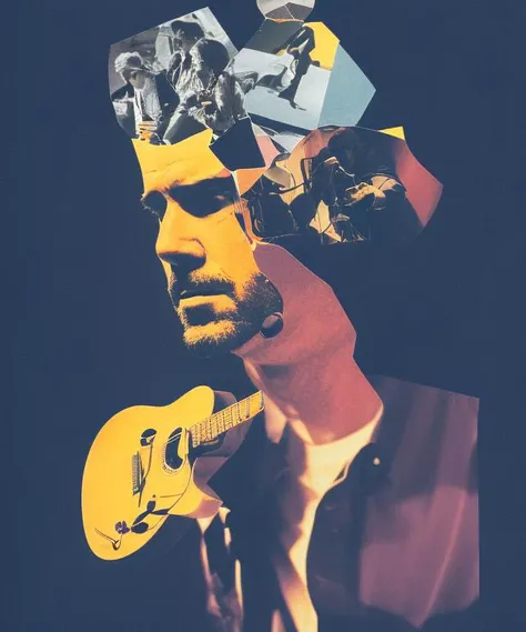 collage style, portrait of young george harrison, psychedelic trip, time magazine, film grain, award winning, trending on deviantart, high quality, 8k, uhd, wallpaper, chromatic, aberration, radiosity, moody vibe, dark  <lora:epiNoiseoffset_v1:1>, man playing guitar, fisheye, extreme low angle, warped perspective