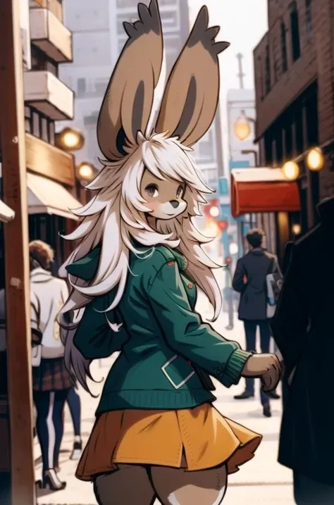 (anthro furry:1.2), VieraCzar, (viera, dark skin, brown eyes, long hair, jacket, skirt, blouse), (city street, from behind, looking back), (masterpiece:1.2), hires, ultra-high resolution, 8K, high quality, (sharp focus:1.2), clean, crisp, cinematic, <lora:VieraFFTA-14:1>