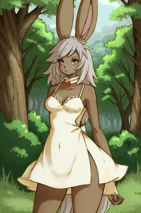 (anthro furry:1.2), VieraCzar, (viera, dark skin, brown eyes, random hair length, dress, slit dress), (forest), (masterpiece:1.2), hires, ultra-high resolution, 8K, high quality, (sharp focus:1.2), clean, crisp, cinematic, <lora:VieraFFTA-14:1>