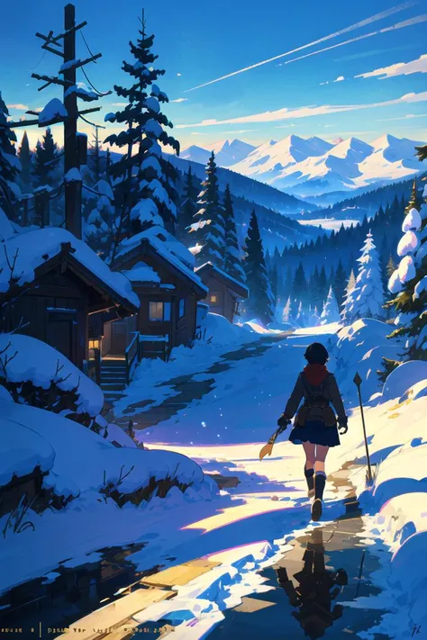 looking down, milf,  very short hair,             lovely medium breasts,  (skirt), gloves, scarf, (sweater), coat, black socks, red scarf, mittens,  snow valley, frozen trees, mountains, clear sky, blue sky, (steampunk, analog meter, gear, brass gears, brass mechanical parts), <lora:DarkLighting:0.3>, silhouette,  spotlight, dark theme,