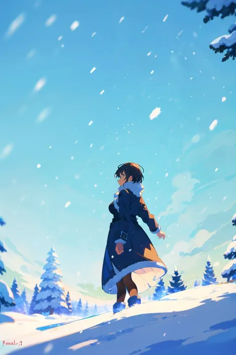 looking away, mature, very short hair, lovely large breasts, (green background), coat, winter, snow,