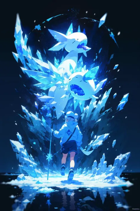 (magic staff, (holding magic staff)), (blue ice magic), (ice swirling around the character), Glacier, mature, cyan hair, dreadlocks, lovely small breasts, (Oversized Hoodie), Baseball Cap, Dolphin_Shorts, (brown background), winter, snow, snowing, white particles, night, night time, dark outside, dark,