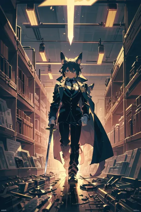 (long sword, hilt, (holding sword hilt)), warrior, milf,  asymmetrical hair,    [expressionless, mind control, @ @, blank eyes, blank stare|panicking face],   (tanline),   (bandages with bruise and wound, cuts and injury),   animal ears, jackal ears, lovely large breasts,  (black overcoat), (black necktie), black pants,  office,  (steampunk, analog meter, gear, brass gears, brass mechanical parts, brass),