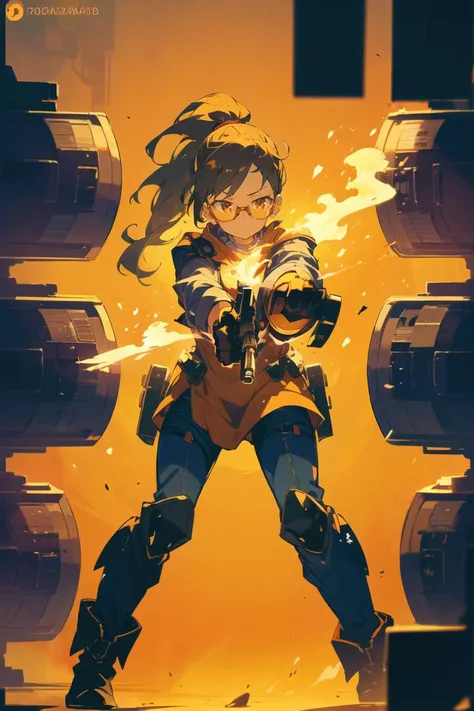 (machine gun, gun, (holding machine gun), shooting stance, aiming enemy), gunner, mature, folded ponytail,      glasses,         lovely giant breasts, (orange background),