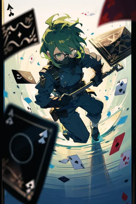 (axe, (holding axe)), warrior, milf, green hair,  medium hair,  hair completely covering eyes,    glasses,         lovely small breasts,   (bulletproof vest, combat pants), holster on the thigh, black gloves,  (card on the table, playing card), clock,