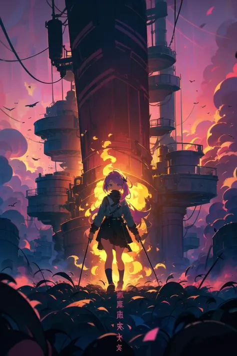 pray, petite, pink hair, absurdly long hair, (freakles), lovely medium small breasts, (purple background), (dieselpunk), smog, dim tones, thick fog, (glossy machines, exhaust emissions),