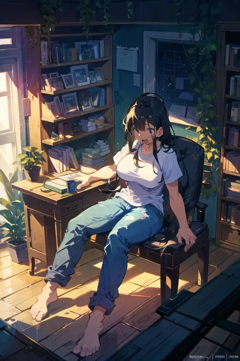 Sitting With Legs Stretched Out, Barefoot, mature, black hair, messy very long hair,   sexually suggestive with [scared face|panicking face],        trembling,  lovely huge breasts,  Casual jeans, shirts, sneakers,  at the desk, books and plants,
