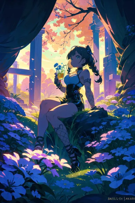drinking tea, petite, multiple braids, blunt bangs,   [facepalm face|frown face],     (freakles),  tattoo with arm tattoo and leg tattoo,   lovely huge breasts,   (emo girl, piercing), fishnet Stockings, latex shorts,  peace, flowers, trees, a vast meadow,