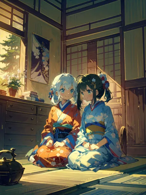 2girls, (cute face), japanese red kimono, upper body, medium breasts,
sitting, smile, blush, hair ornament, heads together, 
indoor, tatami, room,
from front,