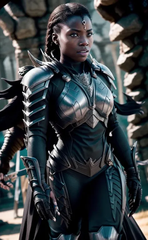 epic angle, close up, photorealistic, crowd around <lora:Leddrathir-10:1>, black_skin, woman warrior, wearing medieval armor, (ice mountain  background:1.0),  (perfect hands:1.0),