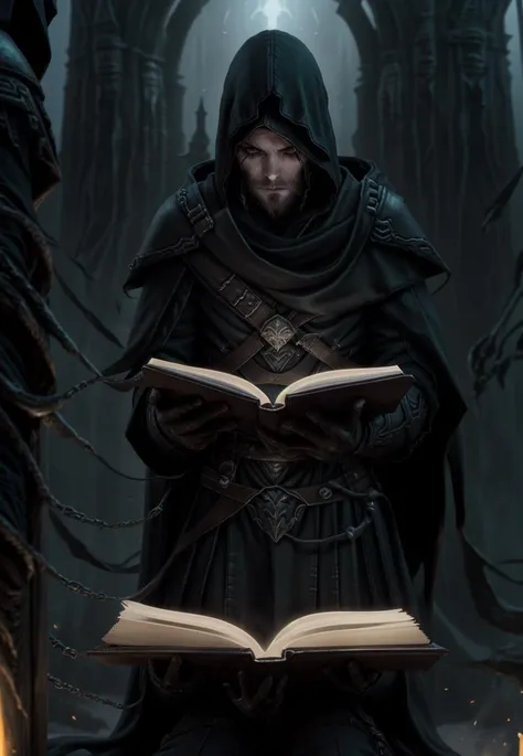 epic angle, close up, photorealistic, <lora:Leddrathir-10:0.9> Leddrathir, death wizard, hood, reading a book, (dark temple background:1.0), (perfect hands:1.2),