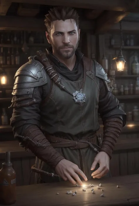 epic angle, close up, photorealistic, <lora:Leddrathir-10:0.7> Leddrathir, merchant, (tavern background:1.0), (perfect hands:1.2),