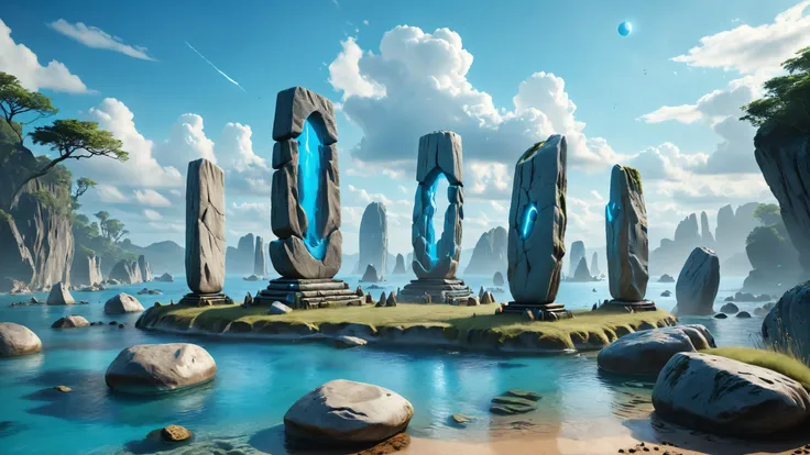 photorealistic detailed digital illustration of a circle of standing stones, 8k, Floating islands amidst radiant azure skies in the background,, paintmgc, cin3 d, by kawacy and ichiro oda, trending on artstation  <lora:MJ52:0.8> <lora:paintmgc:0.8> <lora:cine:0.7>