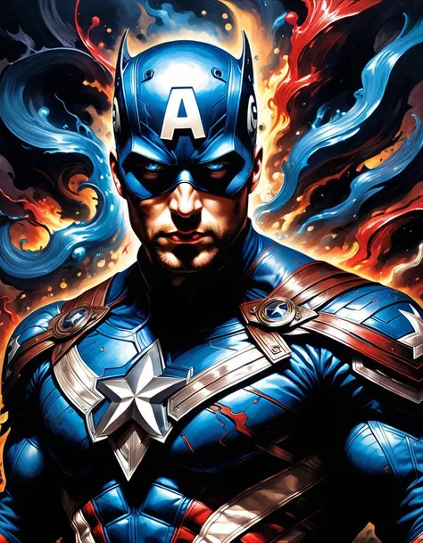 gothic style graffiti painting on a wall of a corrupt Captain America, succumbing to the temptation of absolute power, evil eyes, highly detailed brooding eyes, power hungry and determined expression, obsessed with maintaining order at any cost, manipulating events and people for his own corrupt sense of justice, citizens grow wary of his increasingly authoritarian actions, leading many to question whether their beloved Captain America has become their greatest enemy, dark oppressive colors, high contrast, paintmgc, style of Clive Barker, . dark, mysterious, haunting, dramatic, ornate, detailed, <lora:paintmgc:0.7> ,