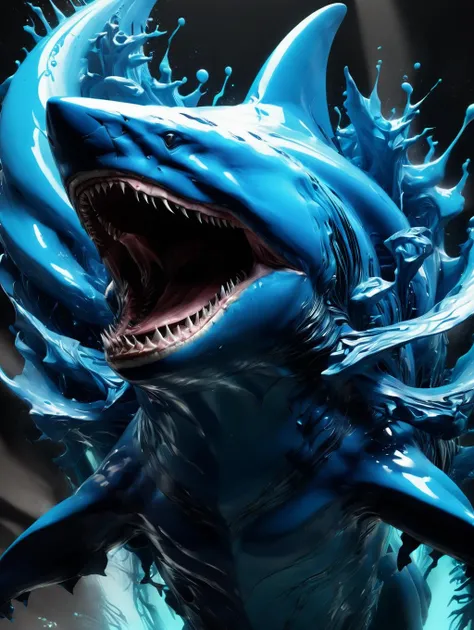 Gigantic alien shark,made of blue and back paint,best quality, 8k uhd, soft lighting, 8k uhd, soft lighting, RAW photo, intricate details,official art, extremely detailed CG, unity 8k wallpaper, ultra detailed,elemental ,Trending on deviantart and artstation,epic,official art,awardwinning,horns,epic,light art, paintmgc,<lora:paintmgc:1.2>,cinematic