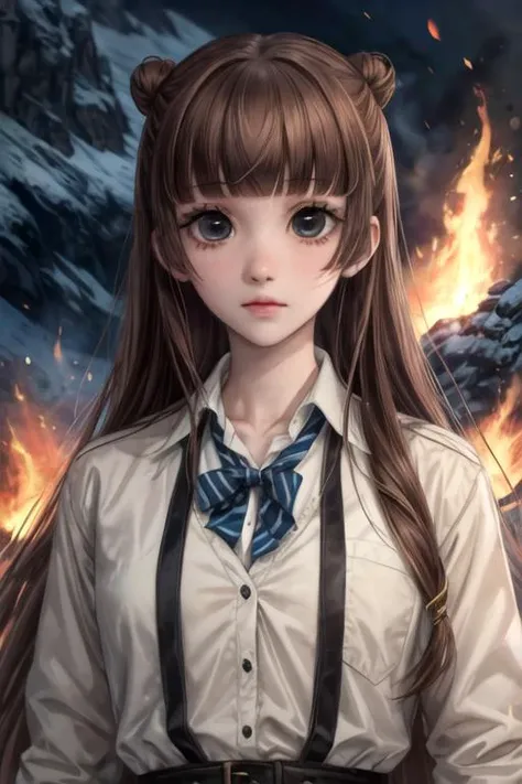 masterpiece, best quality, , 1girl, solo, looking at viewer, upper body, depth of field, <lora:nino_arisugawa:0.72>, nino_arisugawa, brown hair, black eyes, long hair, bangs, blunt bangs, princess costume, The Mountain of Fire,