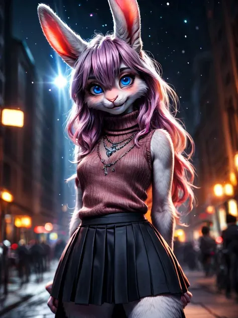 /imagine a photo picture in (Ultra-HD-details, discreet, emphasized-details, life-size-body, cutesie)
50mm lens
aperture opening of f/4.0
(Furry Art : Anthro : Rabbit)
(cinematic light, depth of field, vivid colors like HDR+, sharp focus)
The Bunny youthful top model with very long ears and a very fluffy and silky white fur, she is posing for this image that frames (upper body) in a (night city background with starry night, fantasy, glowing, radiant, (lens flares:1.2)), this top model is
1girl, pink hair, long hair, (Her silky hair sways in the wind), blue eyes, hair between eyes, blush, confident smile, very cute, bangs, medium breasts, delicated feminine hands, (dressing a sweater, turtleneck sweater, (sleeveless), necklace, skirt, pleated skirt, (black skirt), black belt)
Style-DoF, Style-EMCG
\\ Made with ONE FOR ALL checkpoint by Chaos Experience @ https://civitai.com/user/ChaosExperience/ \\