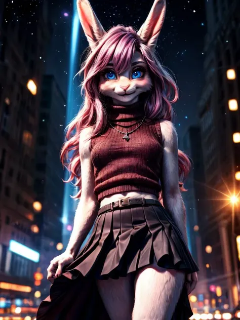 /imagine a photo picture in (Ultra-HD-details, discreet, emphasized-details, life-size-body, cutesie)
50mm lens
aperture opening of f/4.0
(Furry Art : Anthro : Rabbit)
(cinematic light, depth of field, vivid colors like HDR+, sharp focus)
The Bunny youthful top model with very long ears and a very fluffy and silky white fur, she is posing for this image that frames (upper body) in a (night city background with starry night, fantasy, glowing, radiant, (lens flares:1.2)), this top model is
1girl, pink hair, long hair, (Her silky hair sways in the wind), blue eyes, hair between eyes, blush, confident smile, very cute, bangs, medium breasts, delicated feminine hands, (dressing a sweater, turtleneck sweater, (sleeveless), necklace, skirt, pleated skirt, (black skirt), black belt)
Style-DoF, Style-EMCG
\\ Made with ONE FOR ALL checkpoint by Chaos Experience @ https://civitai.com/user/ChaosExperience/ \\