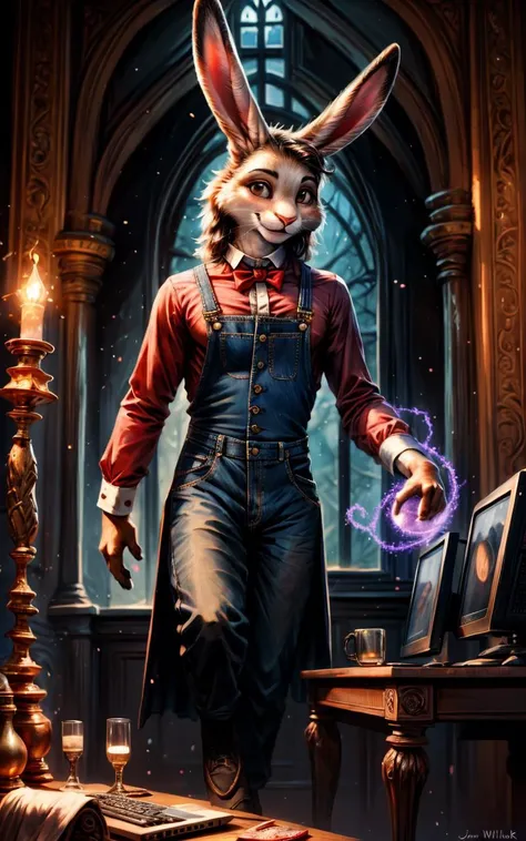 victorian theme, lagomorph, archmage rabbit, long ears, fancy clothing, overalls, smile, in a lavish victorian stage, vintage decoration, warm lighting, (magic:1.4), glow, light particles, (computer:1.2), by kenket, Tim Walker, John William Waterhouse