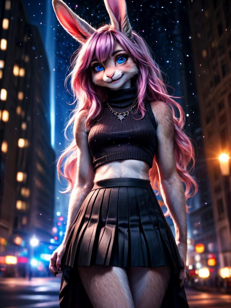 A woman in a skirt and ears is walking down the street - SeaArt AI