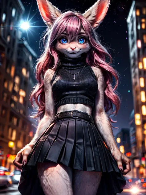 /imagine a photo picture in (Ultra-HD-details, discreet, emphasized-details, life-size-body, cutesie)
50mm lens
aperture opening of f/4.0
(Furry Art : Anthro : Rabbit)
(cinematic light, depth of field, vivid colors like HDR+, sharp focus)
The Bunny youthful top model with very long ears and a very fluffy and silky white fur, she is posing for this image that frames (upper body) in a (night city background with starry night, fantasy, glowing, radiant, (lens flares:1.2)), this top model is
1girl, pink hair, long hair, (Her silky hair sways in the wind), blue eyes, hair between eyes, blush, confident smile, very cute, bangs, medium breasts, delicated feminine hands, (dressing a sweater, turtleneck sweater, (sleeveless), necklace, skirt, pleated skirt, (black skirt), black belt)
Style-DoF, Style-EMCG
\\ Made with ONE FOR ALL checkpoint by Chaos Experience @ https://civitai.com/user/ChaosExperience/ \\