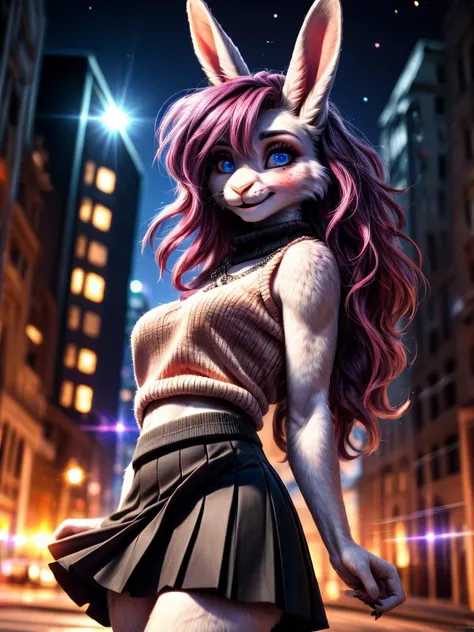 /imagine a photo picture in (Ultra-HD-details, discreet, emphasized-details, life-size-body, cutesie)
50mm lens
aperture opening of f/4.0
(Furry Art : Anthro : Rabbit)
(cinematic light, depth of field, vivid colors like HDR+, sharp focus)
The Bunny youthful top model with very long ears and a very fluffy and silky white fur, she is posing for this image that frames (upper body) in a (night city background with starry night, fantasy, glowing, radiant, (lens flares:1.2)), this top model is
1girl, pink hair, long hair, (Her silky hair sways in the wind), blue eyes, hair between eyes, blush, confident smile, very cute, bangs, medium breasts, delicated feminine hands, (dressing a sweater, turtleneck sweater, (sleeveless), necklace, skirt, pleated skirt, (black skirt), black belt)
Style-DoF, Style-EMCG
\\ Made with ONE FOR ALL checkpoint by Chaos Experience @ https://civitai.com/user/ChaosExperience/ \\