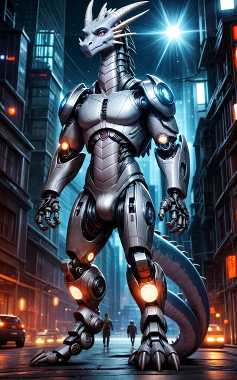 An advanced bionic mech, cybrog, anthro, (dragon), cyborg, male, white body, silver torse, shiny, [full body], Muscle, detailed face, detailed eyes, (1 tail), (glowing LED:1.1), energy, digitigrade, outdoors, extremely detailed CG unity 8k wallpaper, realistic, masterpiece, highest quality, lens flare, unreal engine, trending on ArtStation, Intricate, High Detail, dramatic, realism, beautiful and detailed lighting, shadows, thunder, (photorealism, photo, real), photorealistic, scifi