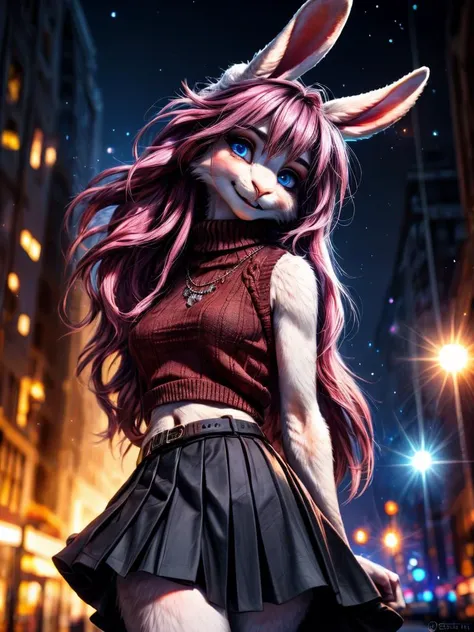 /imagine a photo picture in (Ultra-HD-details, discreet, emphasized-details, life-size-body, cutesie)
50mm lens
aperture opening of f/4.0
(Furry Art : Anthro : Rabbit)
(cinematic light, depth of field, vivid colors like HDR+, sharp focus)
The Bunny youthful top model with very long ears and a very fluffy and silky white fur, she is posing for this image that frames (upper body) in a (night city background with starry night, fantasy, glowing, radiant, (lens flares:1.2)), this top model is
1girl, pink hair, long hair, (Her silky hair sways in the wind), blue eyes, hair between eyes, blush, confident smile, very cute, bangs, medium breasts, delicated feminine hands, (dressing a sweater, turtleneck sweater, (sleeveless), necklace, skirt, pleated skirt, (black skirt), black belt)
Style-DoF, Style-EMCG
\\ Made with ONE FOR ALL checkpoint by Chaos Experience @ https://civitai.com/user/ChaosExperience/ \\