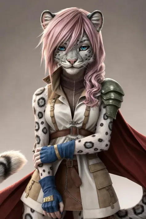 (2.5D style, single shot, shoot from front, caustic background)
BREAK
snow leopard, anthro, furry, female, femenine, <lora:[P] Lightning Farron:1> lightning farron, sleeveless, shoulder armor, cape, skirt, fingerless gloves, pink hair, delicate face, (beautiful, cute, fluffy:1.2)