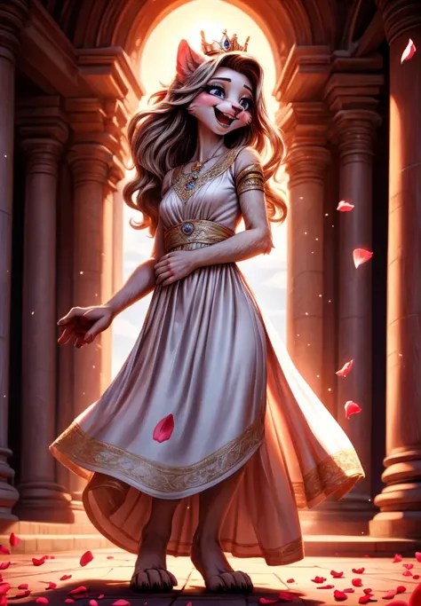 (Ultra-HD-details, discreet, emphasized-details, life-size-body, cutesie)
In daylight's embrace, 'neath the sun's warm glow
A princess with hair like pink petals in flow.
Eyes of deep blue, a sky's serene hue
In her white dress, she dances anew.
A kingdom's joy, in her smile resides
Through gardens and halls, where laughter abides.
Her spirit, a beacon of light and of pride
In her, the essence of grace is implied.