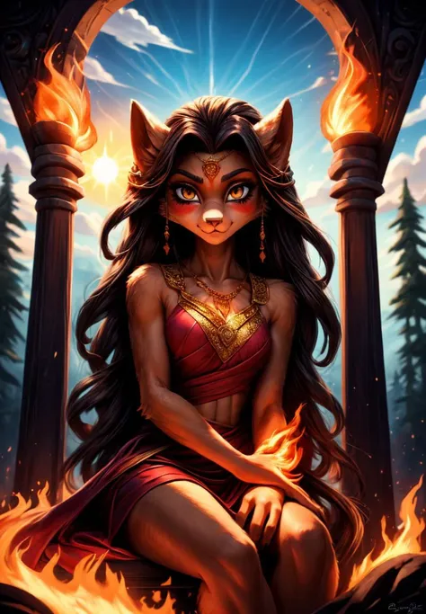 (Ultra-HD-details, discreet, emphasized-details, life-size-body, cutesie)
midst the sun's embrace, a fiery dance, A visage bold, with eyes like molten gold. In tresses red, the whispers of romance, A tale of youth and spirit, fierce and bold.
She sits enthroned in hues of blazing sun, A summer queen in warm, inviting glow. Her gaze a challenge, playful and yet spun With threads of wisdom only she could know.
A world in amber eyes, a fiery heart, With every glance, a new adventure starts. In silhouette of flame and shadow's art, She's nature's child, where daylight never parts.
This figure of the daylight's brightest gleam, In vivid dreams where poets sit and dream.