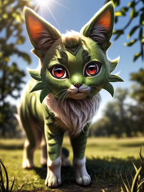 (photo realistic)
solo (quadruped feral:1.4), ((Sprigatito with green body and red eyes, check tuft)), (detailed Sprigatito), ((detailed fluffy fur)), (full-length portrait, looking at viewer), (grass), BREAK, (detailed background, depth of field, half body shadow, sunlight, ambient light on the body), (masterpiece, best quality, ultra realistic, 4k, 2k, (intricate:0.9), (high detail:1.4), film photography, (soft focus:1.2), RAW photo, photorealistic, analog style, subsurface scattering, photorealism, absurd res),girl
<lora:Furtastic_Detailer:1> <lora:PK-FurryMix-128:1>