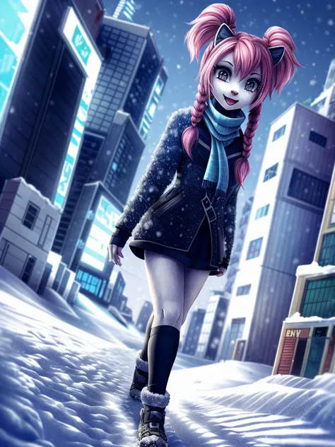 1girl, smiling face, open mouth, kawaii, pink hair, twintails, (Fashionable winter clothing:1.2), scarves, cyberpunk city, (dramatic angle, walking:1.3), dutch angle